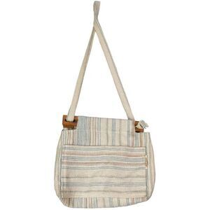 REAL PURSES Woven‎ Shoulder Bag Womens Wood Boho Chic 13x14 Stripes Beige Blue